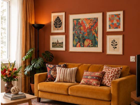 A mesma sala em boho acolhedor, com parede terracota